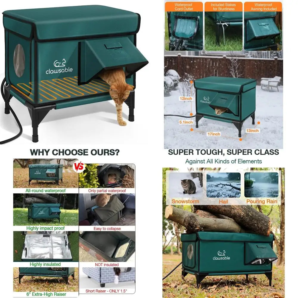 Zoomed Clawsable Insulated Outdoor Heated Cat House – Waterproof Winter Shelter with Safe Escape Door & UL-Listed Heating Pad (Forest Green)